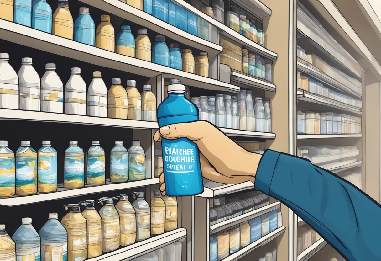 A hand reaches for a custom water bottle from a shelf, with the printed name clearly visible