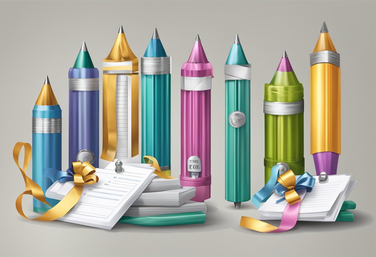 FAQ pens displayed with gift ribbons and tags