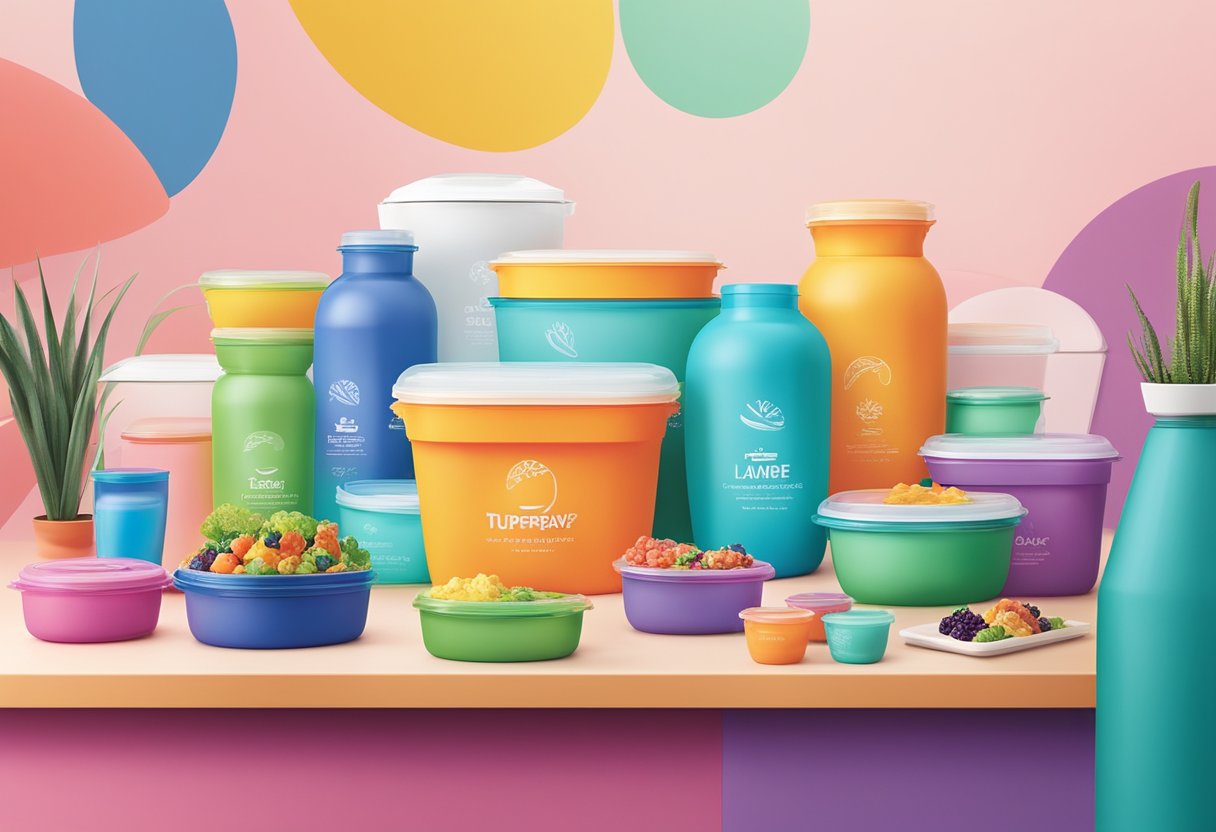 A table with various Tupperware products displayed, alongside a logo of a corporate company. Bright colors and sleek designs convey the practicality and appeal of Tupperware as corporate gifts