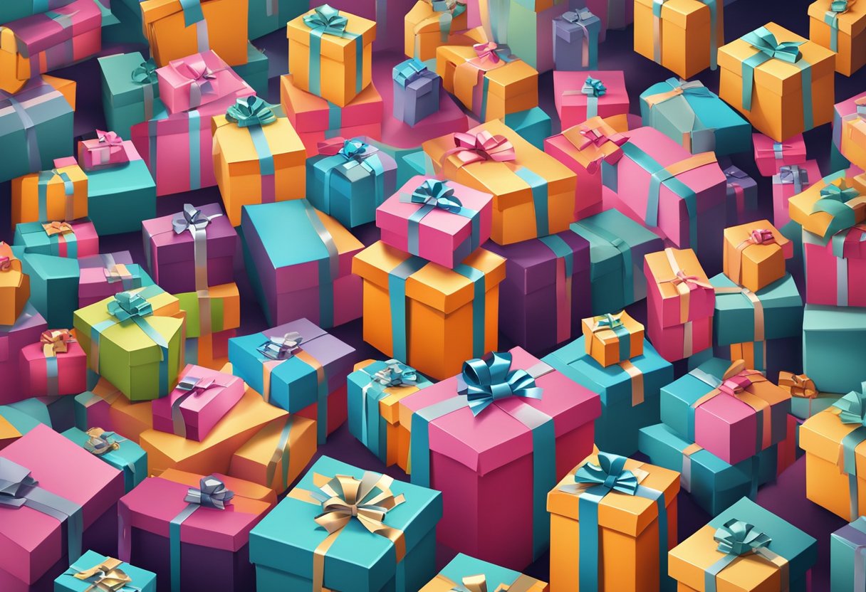 A pile of gift boxes with "FAQ" logos, surrounded by busy office workers