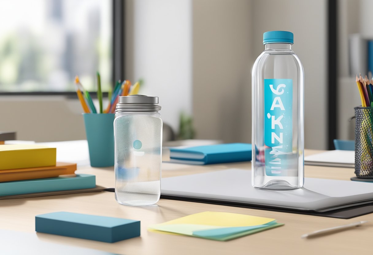A clear water bottle with a printed name on the label sits on a desk or table, surrounded by office supplies