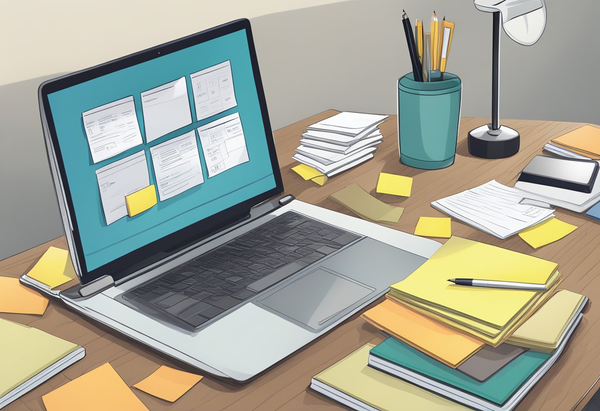 A desk with a laptop, pen, and custom Post-it notes. The notes have a unique design and are neatly arranged on the desk