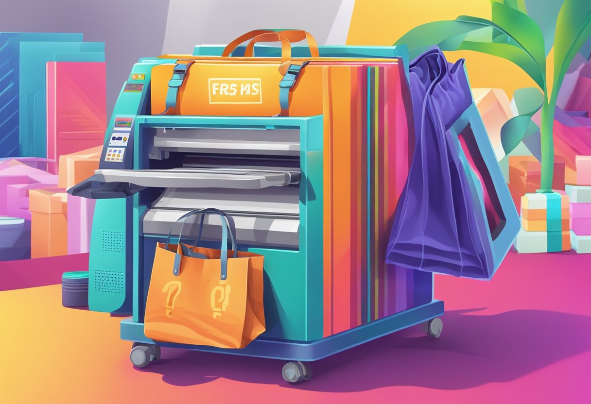 A tote bag with "Frequently Asked Questions" text being printed by a printing machine in a colorful and vibrant environment