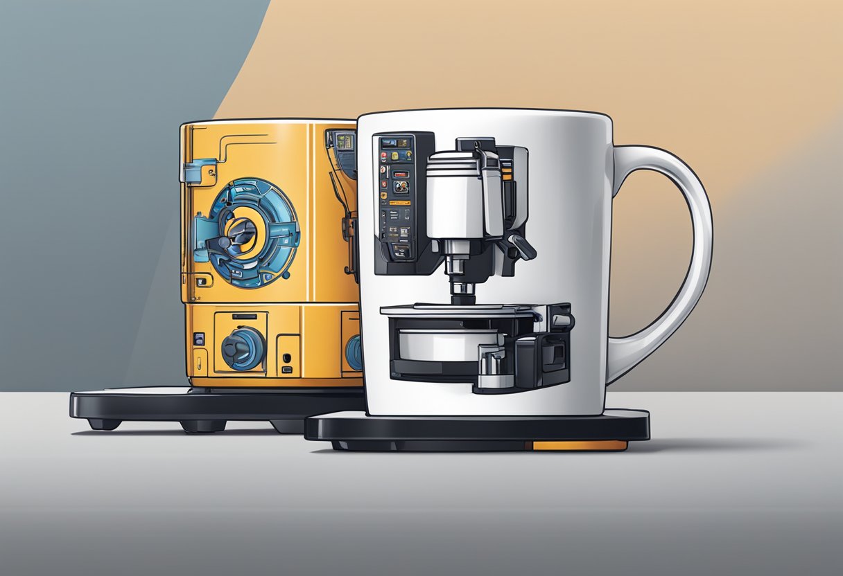 A machine quickly prints a design onto a blank mug