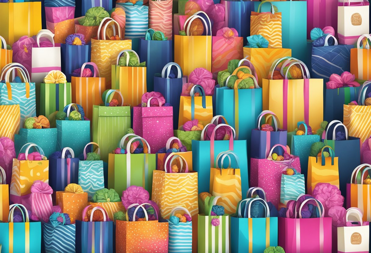 Colorful goodie bags arranged in a neat row, filled with assorted treats and trinkets. Bright, inviting packaging with logo prominently displayed