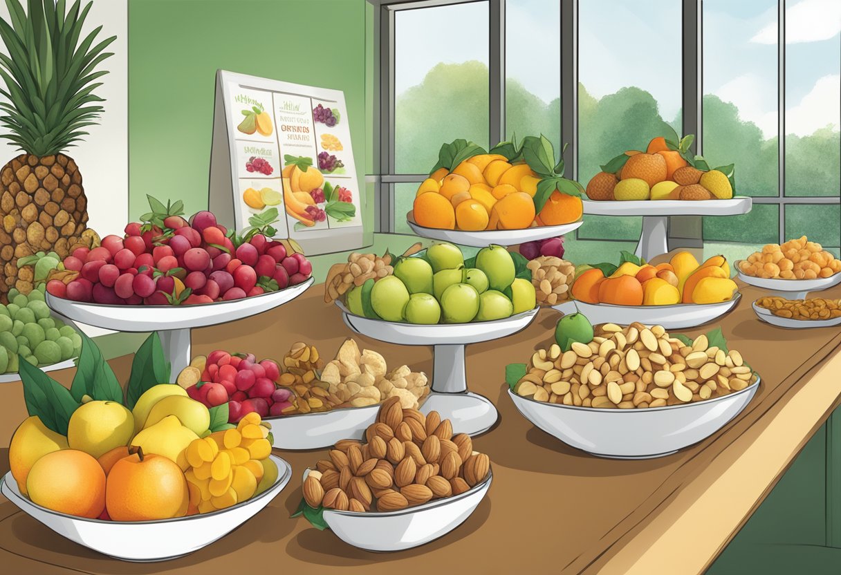 A table displaying a variety of fresh fruits, nuts, and organic snacks with a "healthy gifts for corporate" sign