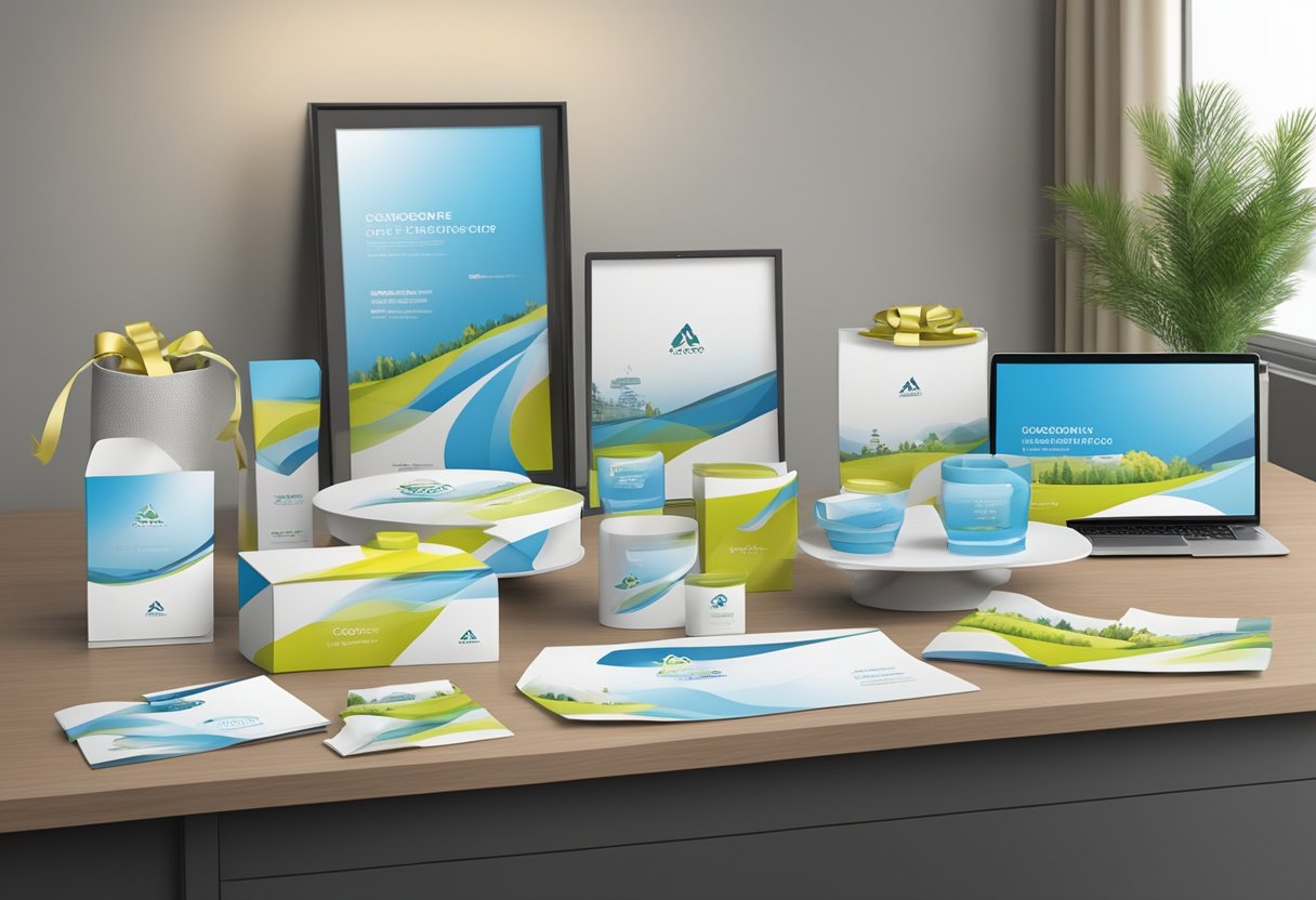 A table adorned with elegant corporate gifts, logo-branded and neatly arranged for display