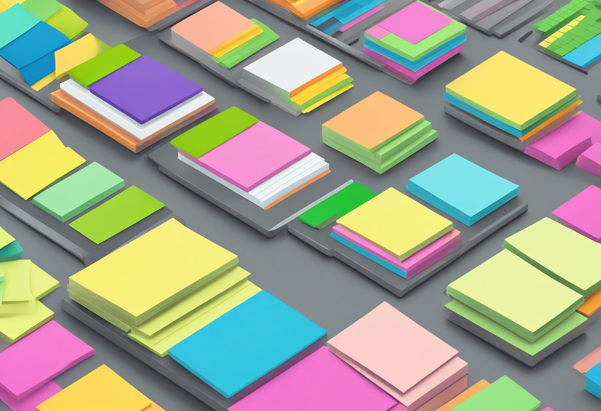 A desk with customised post-it notes in various colors and sizes, arranged neatly in a grid pattern. A computer and office supplies are also visible