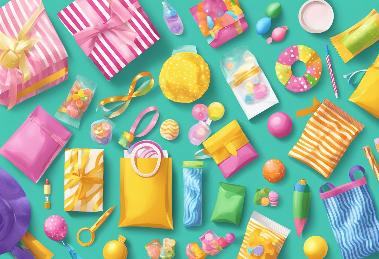 Colorful goodie bag supplies arranged on a table with ribbons, stickers, and small toys