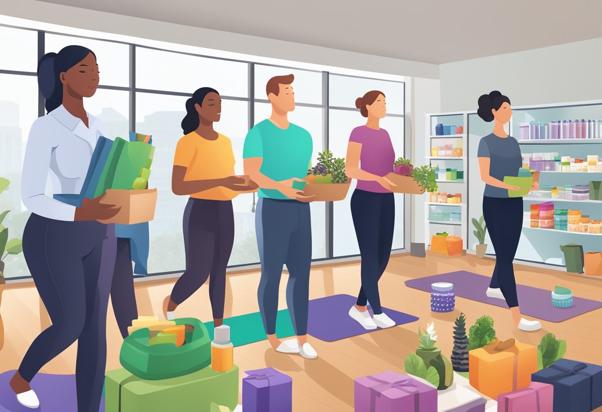 Employees browsing a variety of wellness gifts, including yoga mats, essential oil diffusers, and healthy snack baskets, in a corporate setting