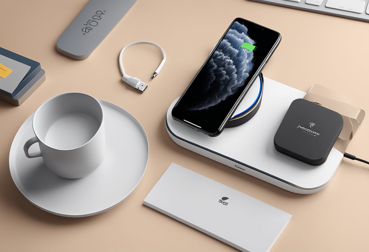 A wireless charger sits on a sleek desk, surrounded by branded stationery and a logo-emblazoned mug. The office space is modern and professional, with clean lines and a minimalist aesthetic