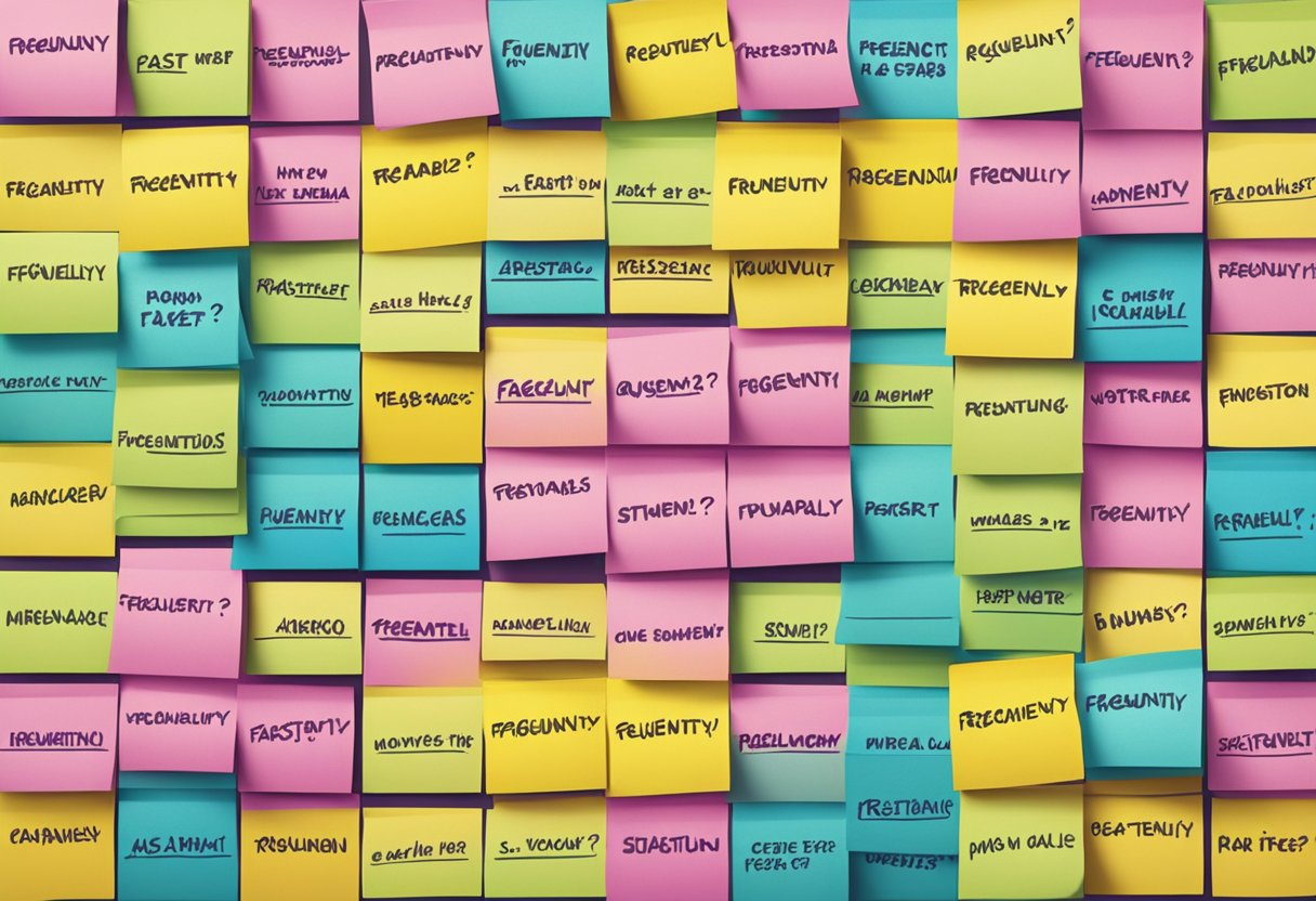 Colorful post-it notes arranged in a grid pattern, with "Frequently Asked Questions" written on each one in bold, clear lettering
