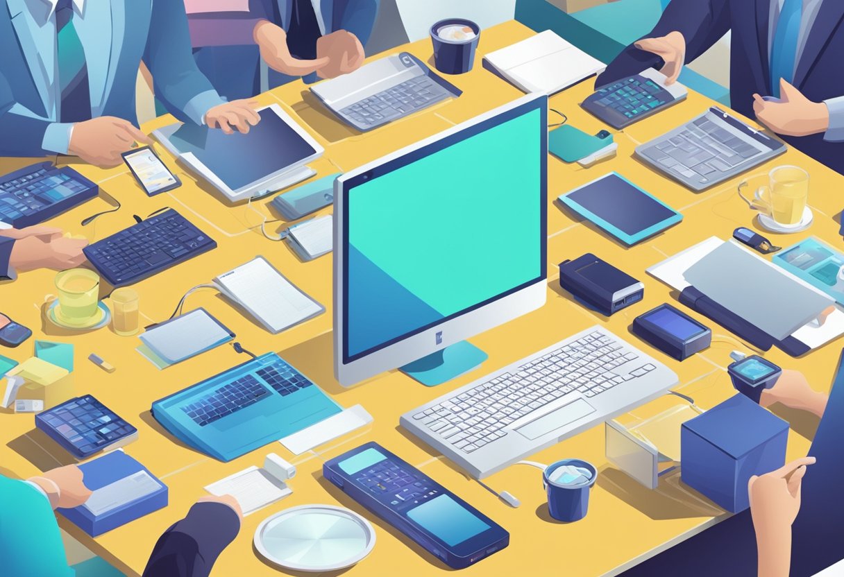 A table filled with electronic corporate gifts, surrounded by customers asking questions
