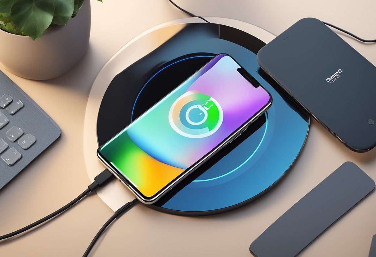 A smartphone sits on a sleek wireless charger, surrounded by a modern office setting with a logo prominently displayed