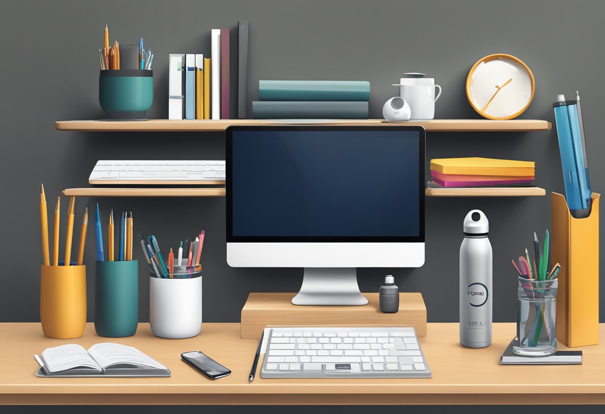 A desk with branded pens, notebooks, and a sleek water bottle. A shelf displays logoed tech accessories