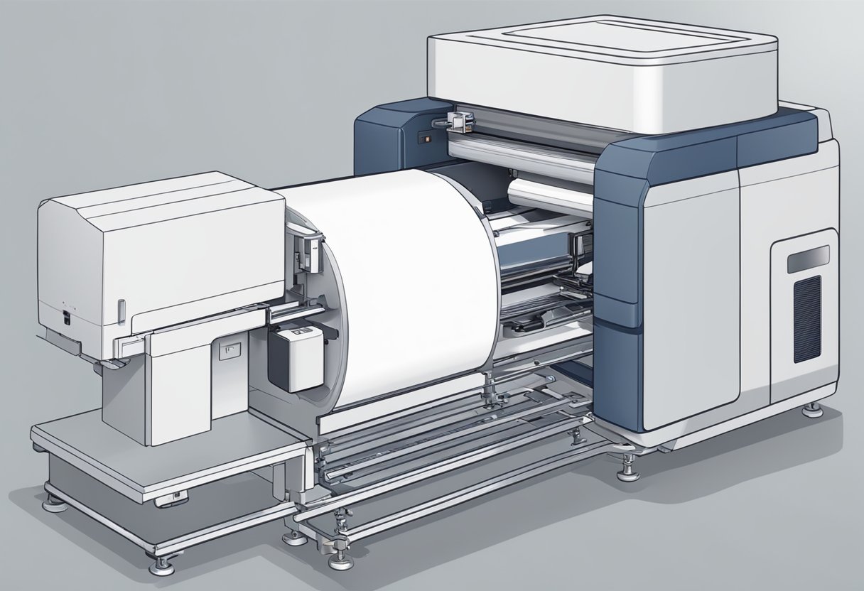 A customer selects a design. A printer rapidly creates the image on a white mug. The finished mug is placed on a conveyor belt for delivery