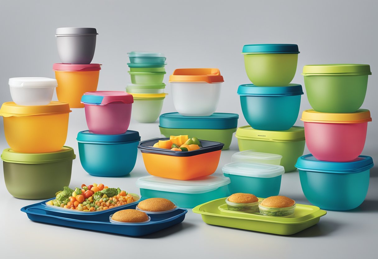 A table with various Tupperware products displayed, including containers, bottles, and kitchen tools. Tupperware corporate gifts are arranged neatly with the company logo visible