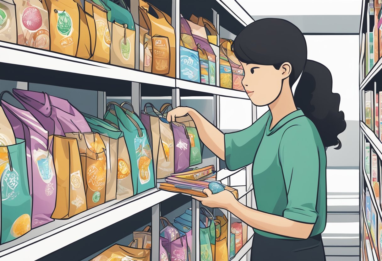 A person browses through a variety of goodie bags displayed on shelves, examining the different sizes, colors, and designs available from a supplier in Singapore