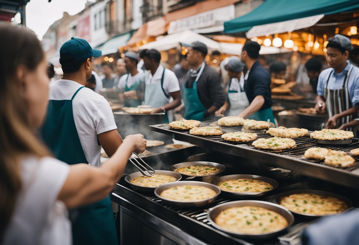 A bustling street food market with vendors expertly flipping oyster pancakes on sizzling hot griddles, surrounded by eager customers sampling different regional variations