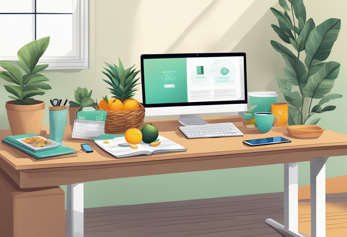 A desk adorned with a variety of healthy gift options such as fruit baskets, organic teas, and fitness trackers. An office setting with a focus on wellness and productivity