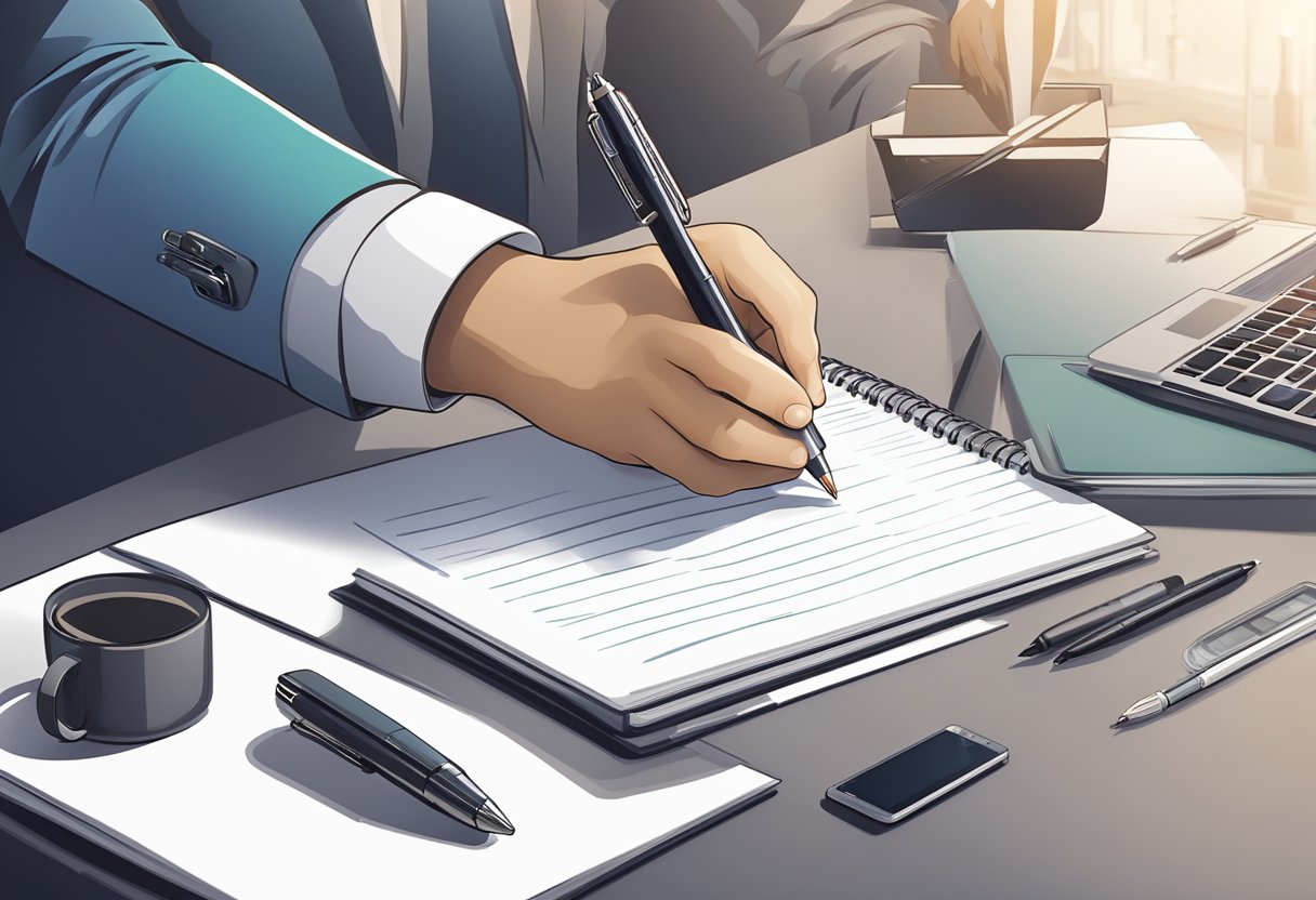 A hand reaches for a sleek pen set on a desk, surrounded by elegant notebooks and tech accessories. The logo of a company is subtly embossed on each item