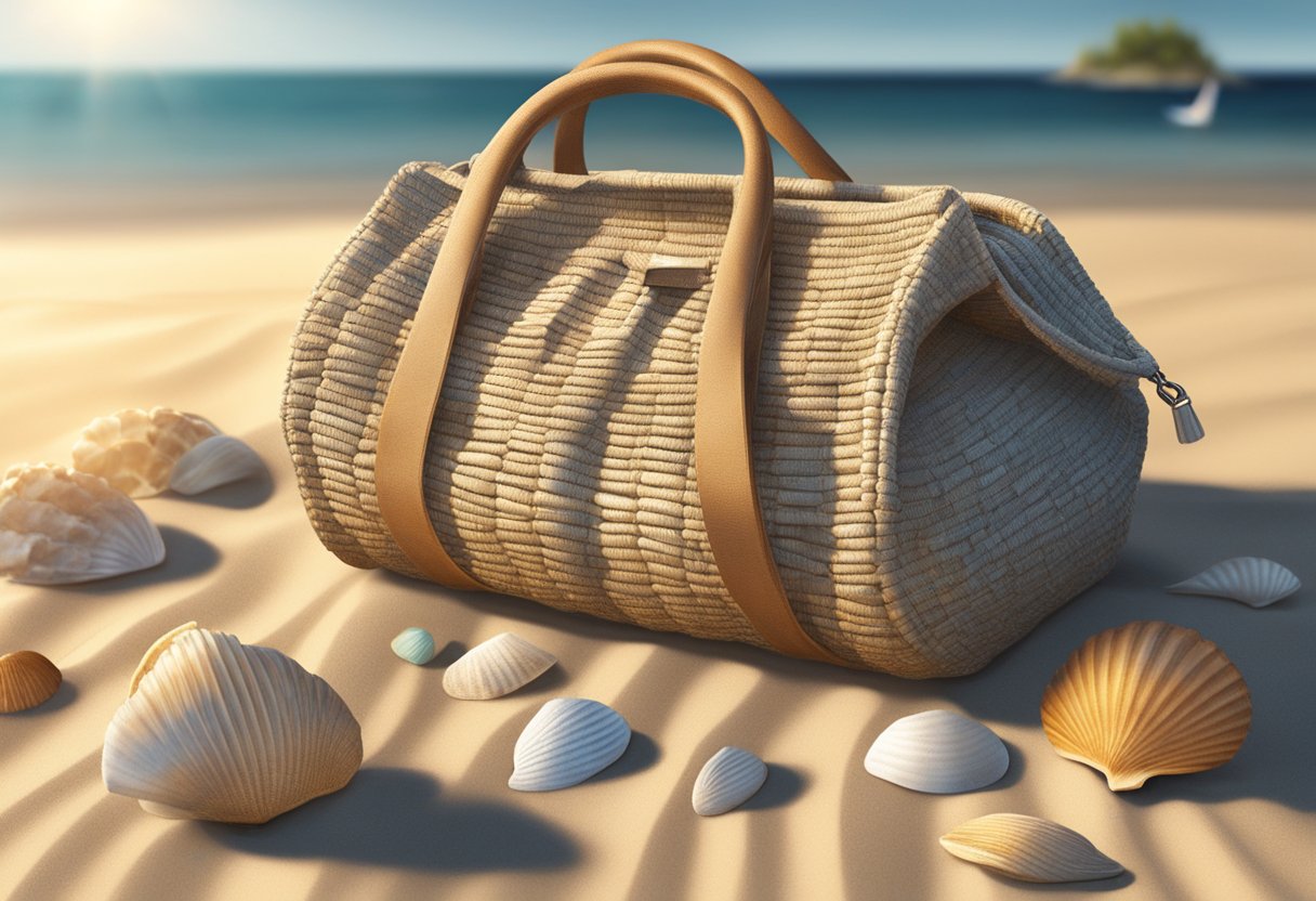 A woven bag sits on a sandy beach, surrounded by seashells and driftwood. The sun casts a warm glow on the textured surface of the bag