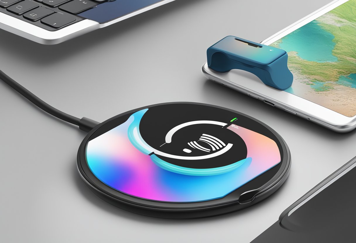 A sleek wireless charger with company logo, surrounded by customizable features and accessories
