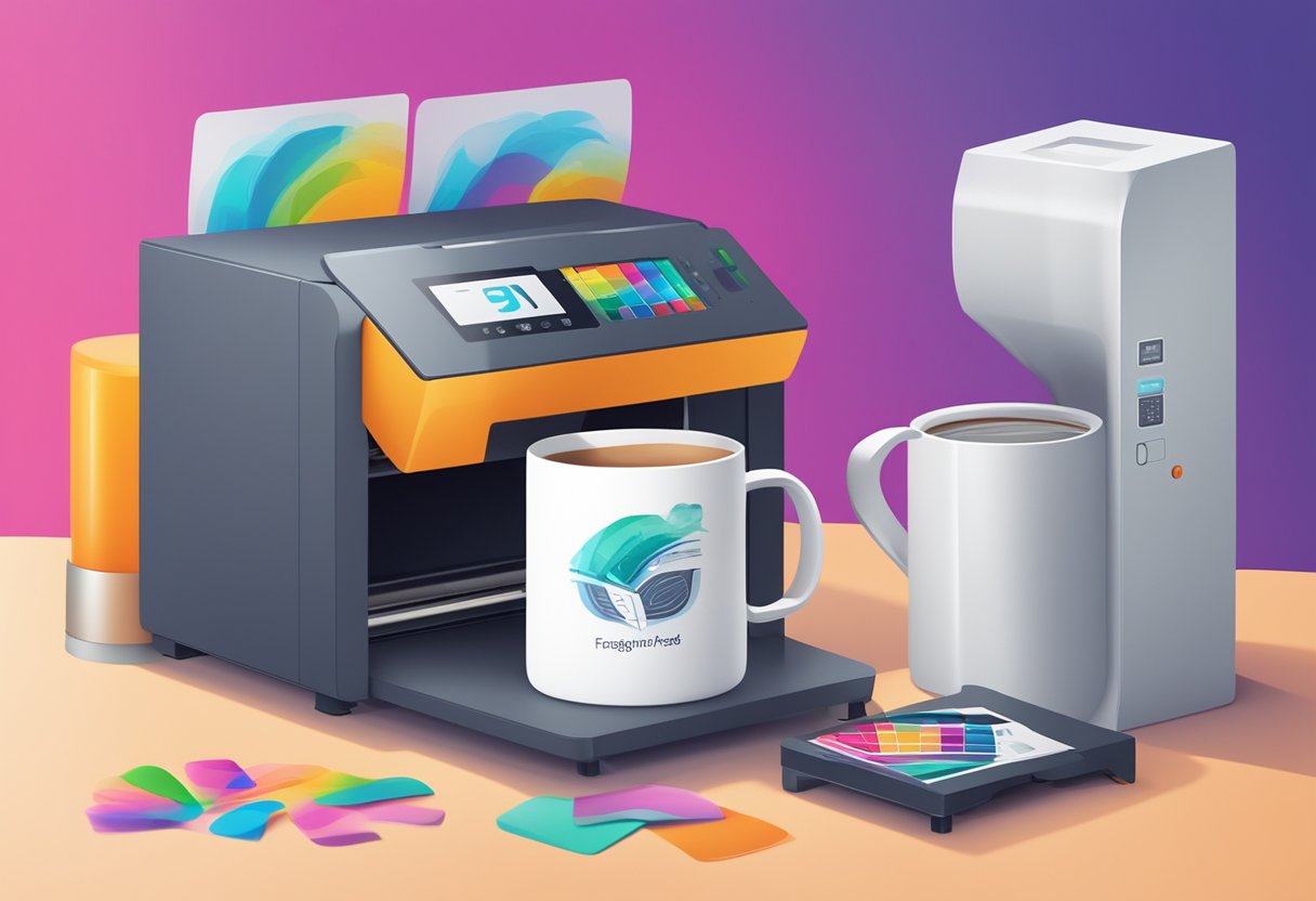 A mug being printed with a "Frequently Asked Questions" design, with a printing machine in action and colorful ink being applied to the surface