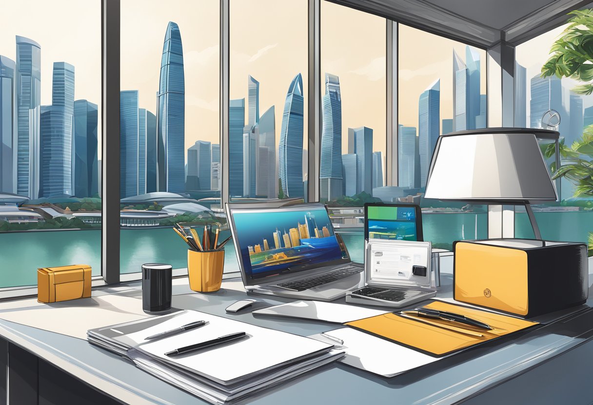 A table adorned with elegant corporate gifts, including branded stationery and premium tech accessories, set against the backdrop of Singapore's iconic skyline