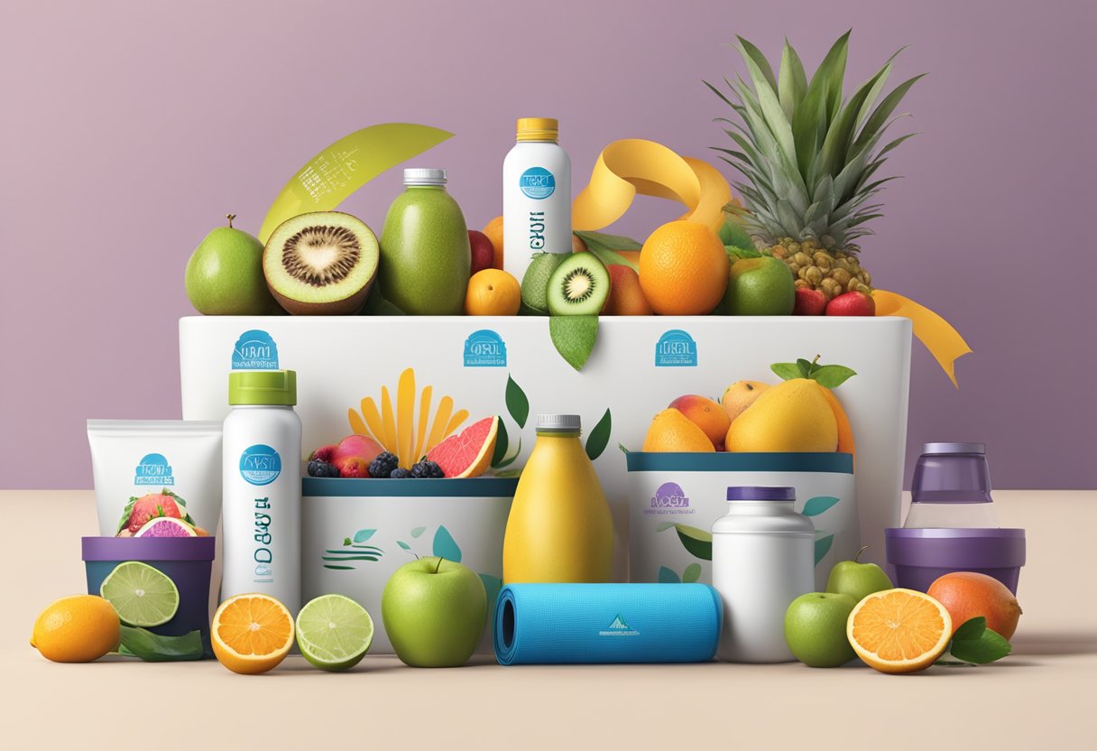 A table with various healthy gift options, such as fruit baskets, yoga mats, and water bottles, displayed with corporate branding