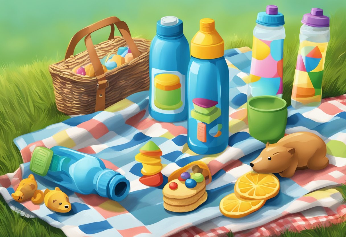 A colorful, personalized kids water bottle sits on a grassy picnic blanket next to a playful assortment of toys and snacks