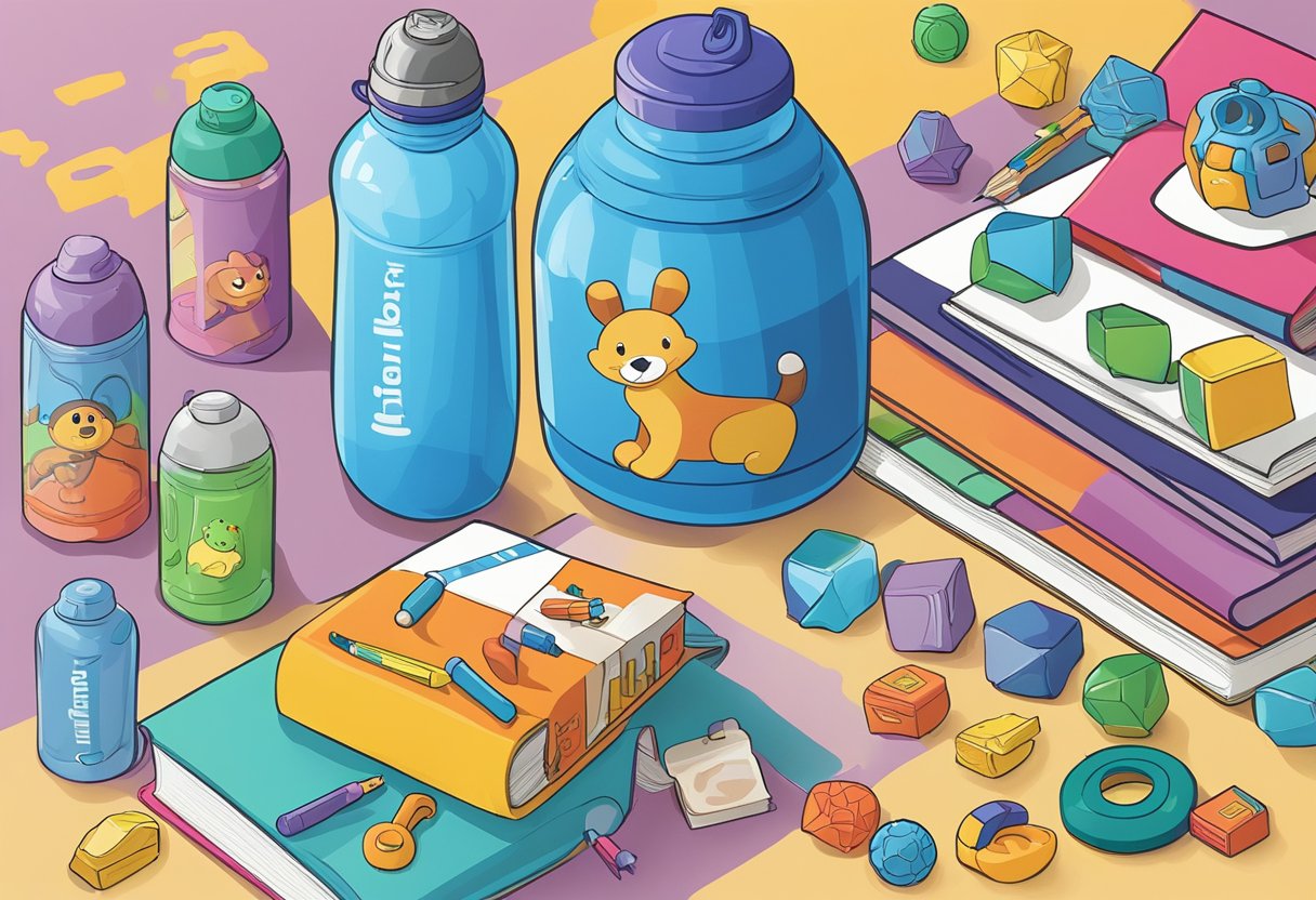 A child's personalized water bottle sits on a colorful table, surrounded by toys and books. The bottle features the child's name and favorite cartoon character, making it unique and special