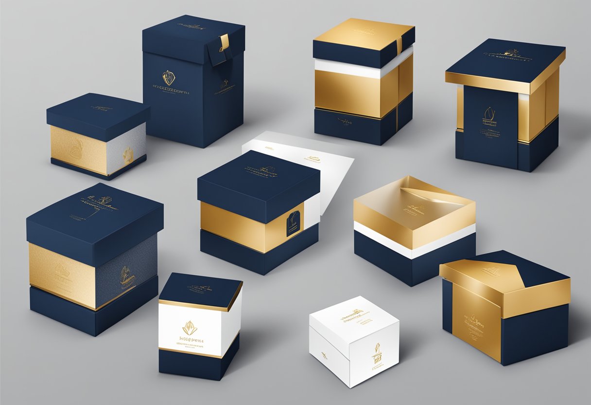 Corporate gift boxes display elegant typography and sleek branding