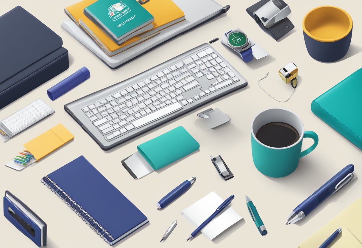 A table with various corporate gifts displayed, including branded pens, notebooks, and tech accessories. A sign reads "Frequently Asked Questions useful corporate gifts."