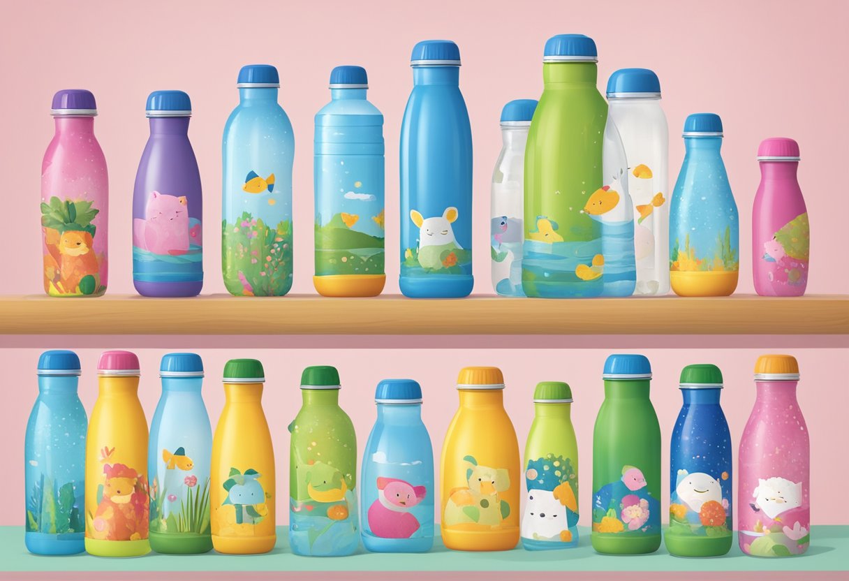 A table with various personalized kids water bottles displayed. Different colors, patterns, and sizes are visible. An array of designs and customizations are showcased