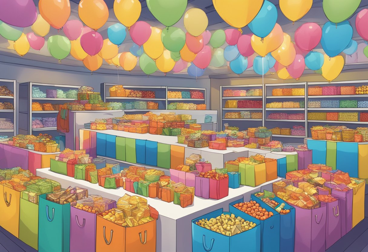 A table piled high with colorful goodie bags, each labeled "Frequently Asked Questions supplier." Bright lights illuminate the display, casting a warm glow over the scene