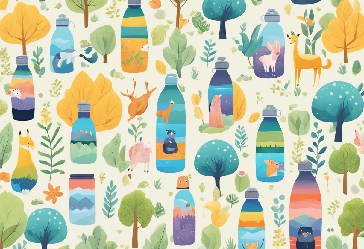 A colorful kids water bottle with personalized name label, surrounded by playful animal and nature designs