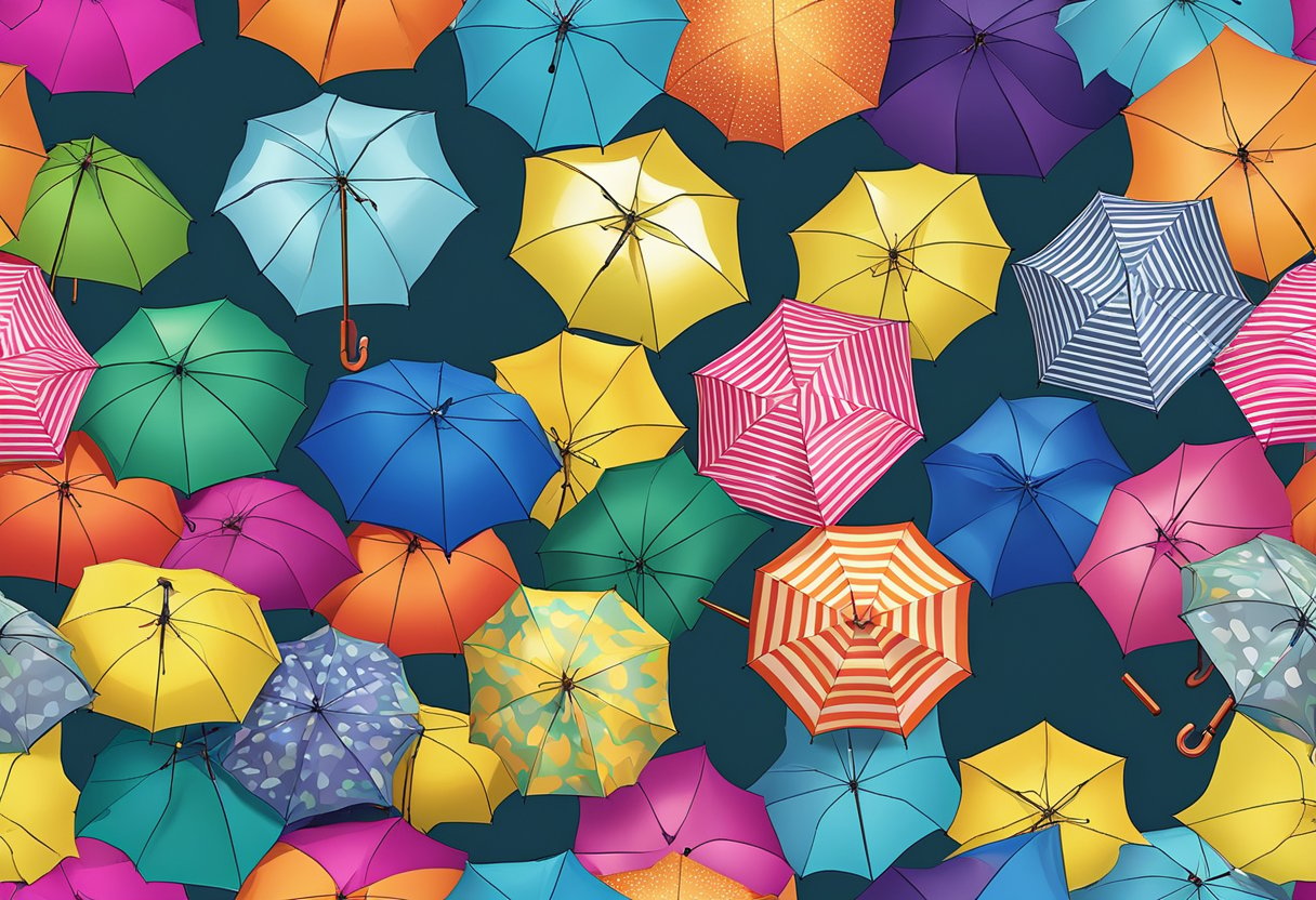 Colorful custom umbrellas open in the rain. Each one features unique designs and patterns, creating a vibrant and eye-catching scene