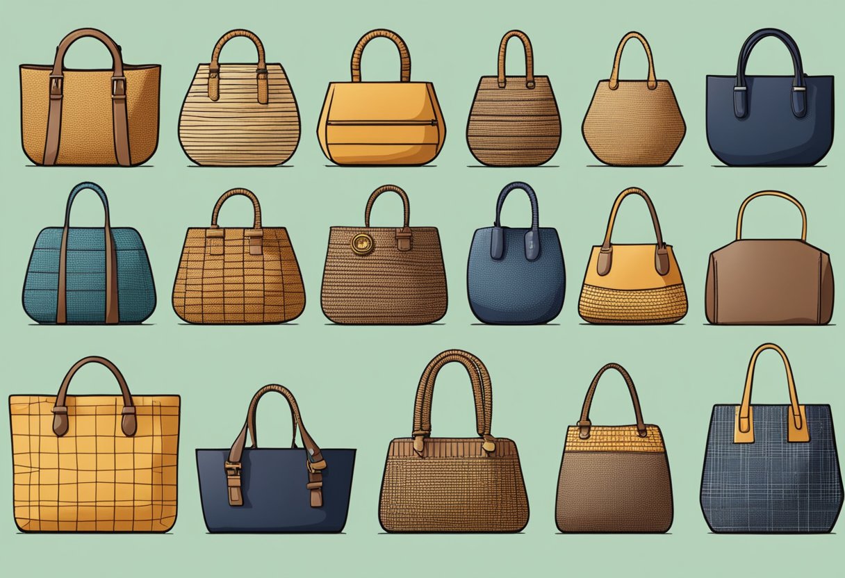 A variety of woven bags in different shapes and sizes are displayed on a table, showcasing different types and styles