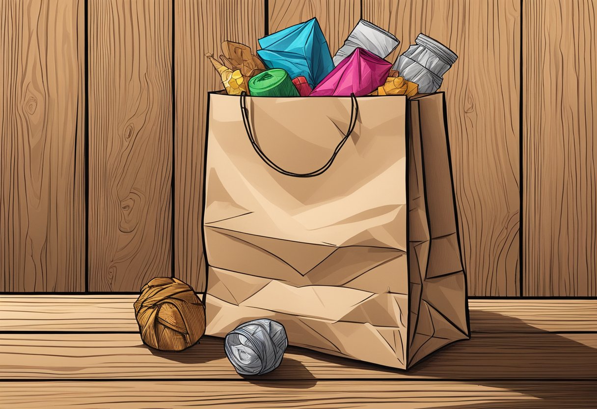 A red paper bag sits on a wooden table, crinkled and slightly rumpled, with a few small items peeking out from the top