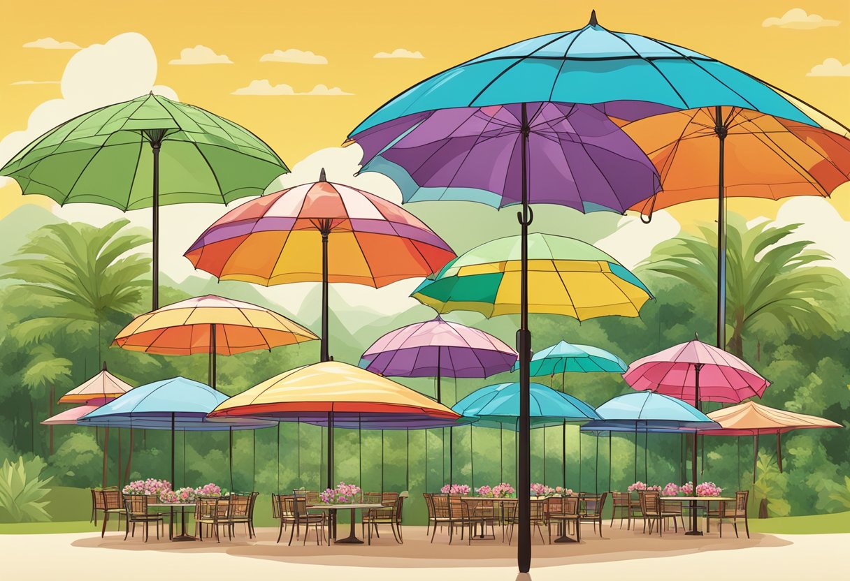 A colorful array of customised umbrellas, each with unique patterns and designs, displayed against a backdrop of a sunny sky and lush greenery