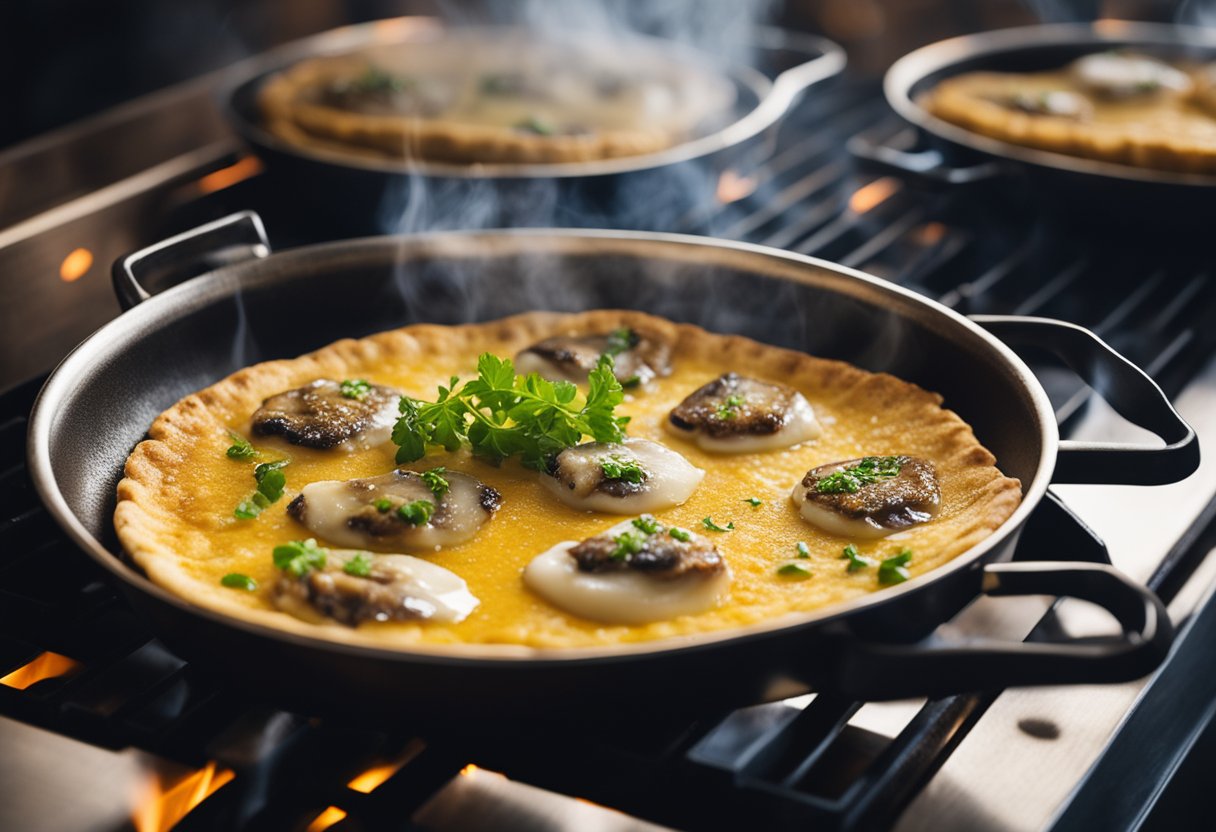 A sizzling oyster pancake on a hot griddle, surrounded by steam and the aroma of savory ingredients