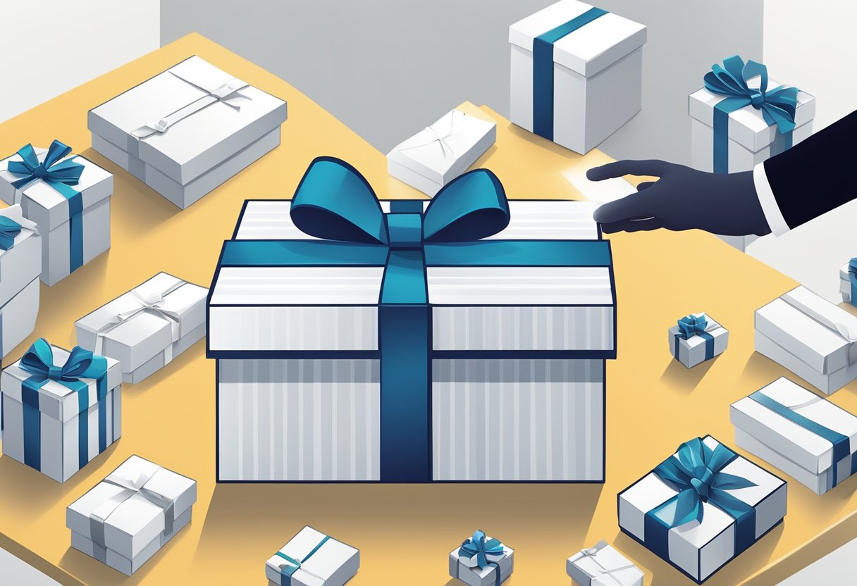 A hand reaches for a sleek corporate gift box with "Selecting the Perfect Corporate Gift Boxes" written on it. Other boxes are neatly arranged in the background