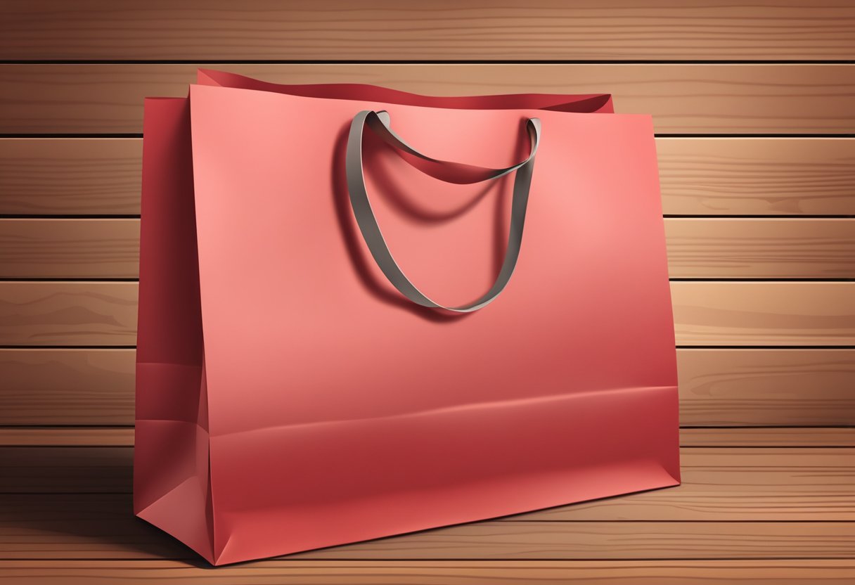 A red paper bag sits on a wooden table. Its design is simple, with no visible logos or patterns. The material appears to be sturdy and smooth, with a slight sheen in the light