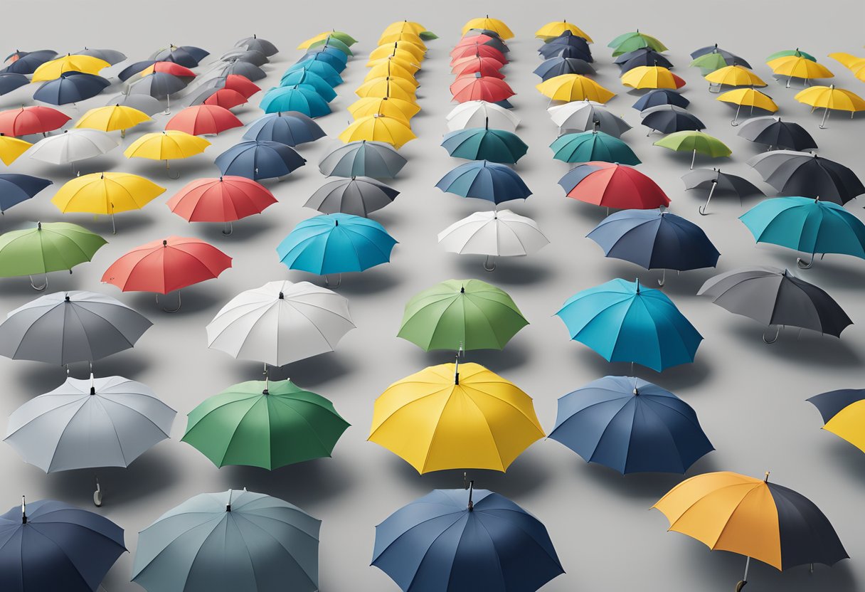 A group of custom umbrellas with branded logos, arranged neatly on a display table, ready to be given as corporate gifts