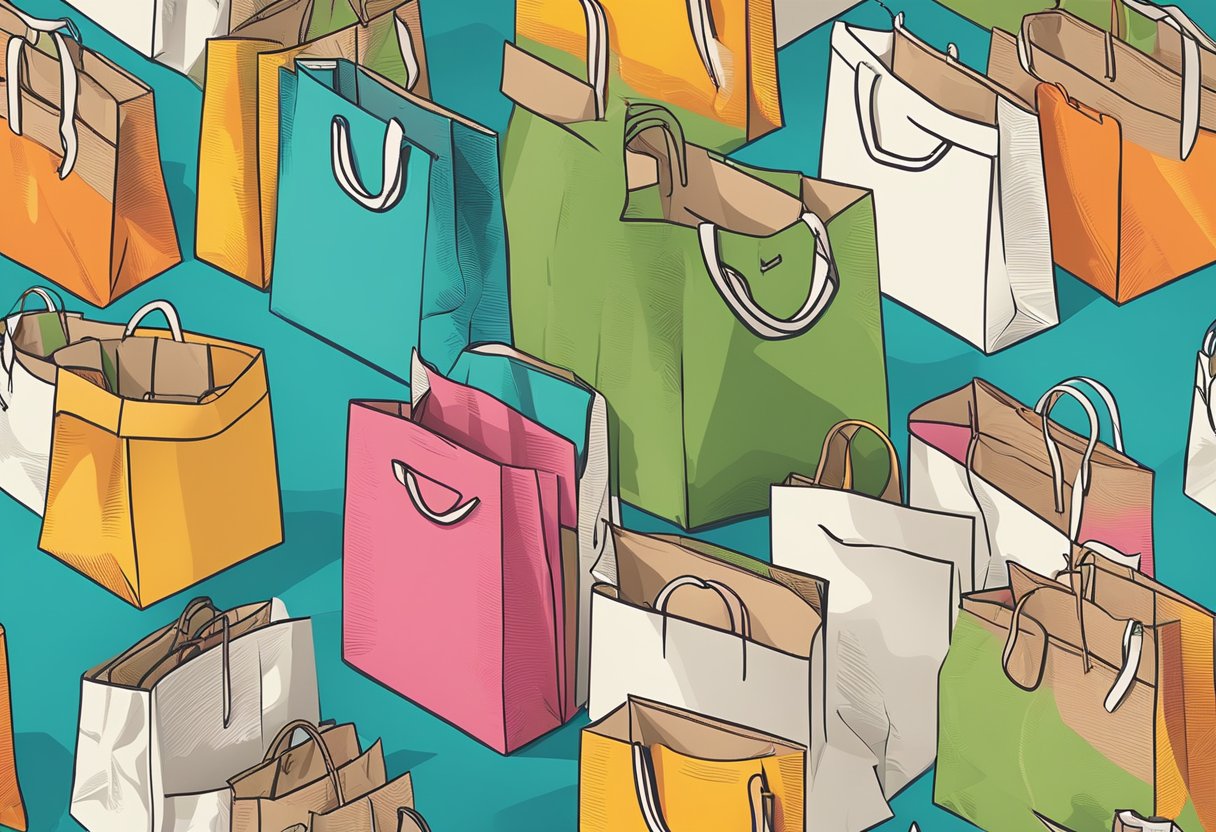 Custom paper bags arranged in a neat stack, featuring vibrant colors and unique designs. The bags are sitting on a clean, white surface, with soft natural lighting highlighting their details