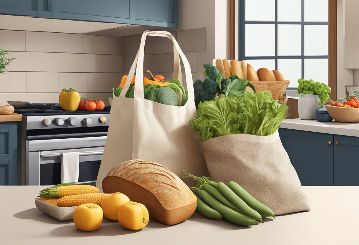 A custom reusable shopping bag sits filled with groceries on a kitchen counter, next to a pile of fresh produce and a loaf of bread