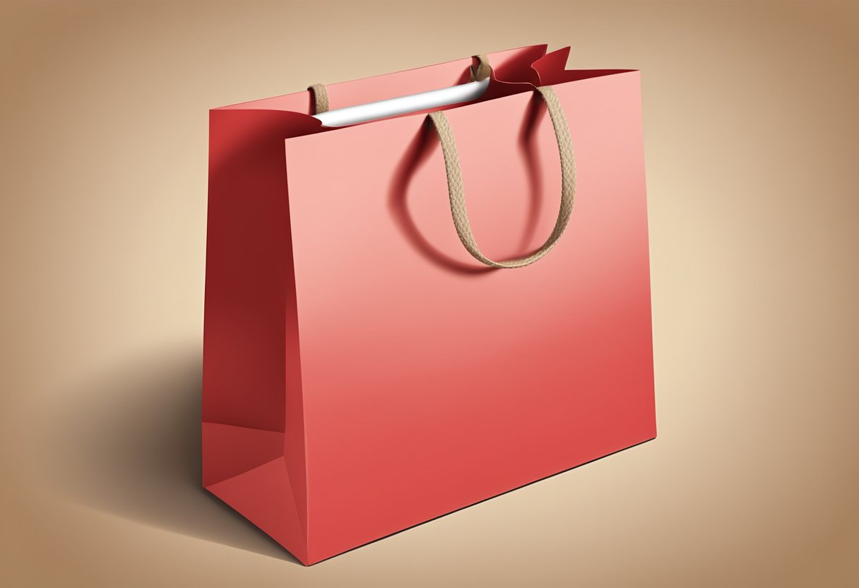A red paper bag with handles, sitting on a wooden table, with customizable space for text or logos