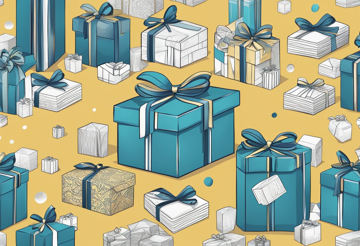 Corporate gift boxes with 'Frequently Asked Questions' text prominently displayed on the front, surrounded by elegant designs and branding elements