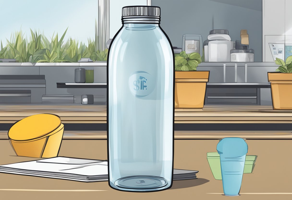 A clear water bottle with a custom logo printed on the front, sitting on a table with a price tag indicating affordability